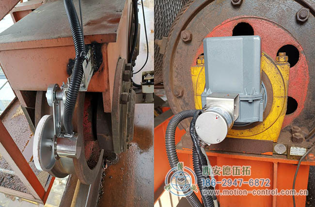 图为增量编码器安装在龙门吊大车行走轮轴的应用照片