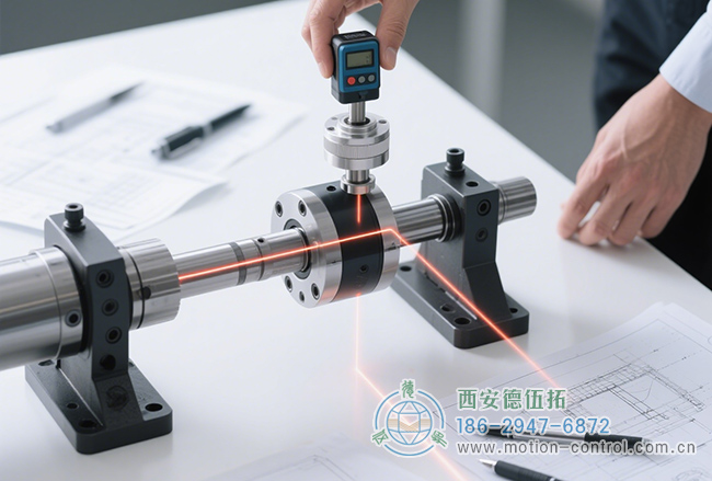 图为工作人员检测编码器安装同轴度的照片